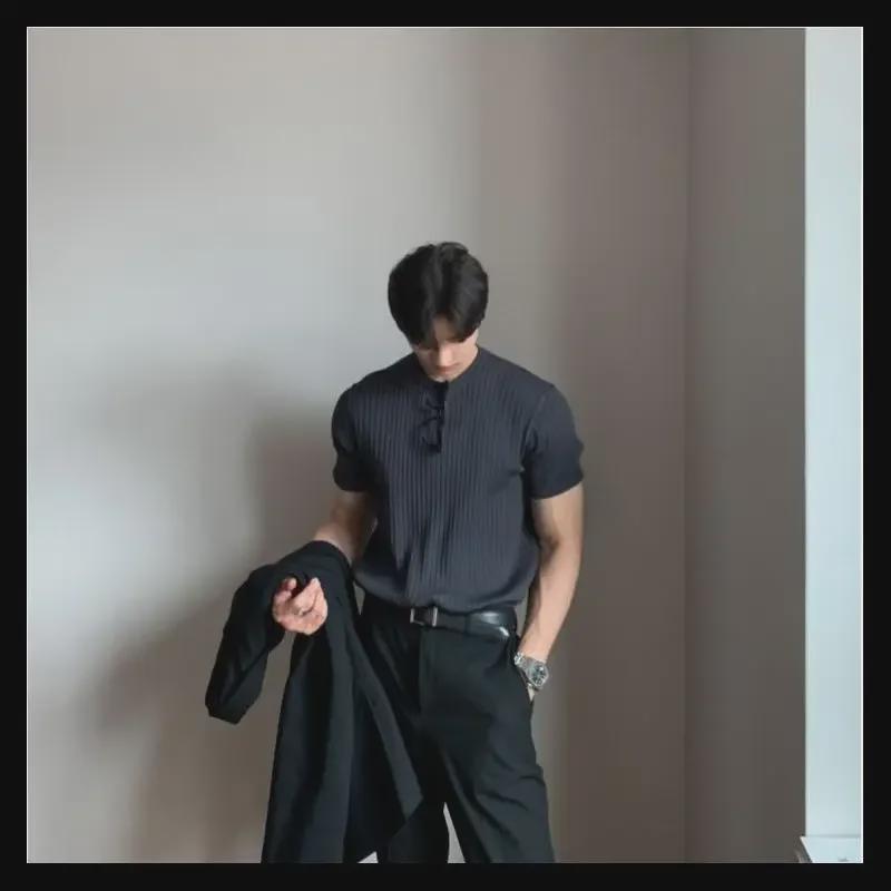 Мужская облегающая трикотажная футболка в корейском стиле с коротким рукавом и круглым вырезом