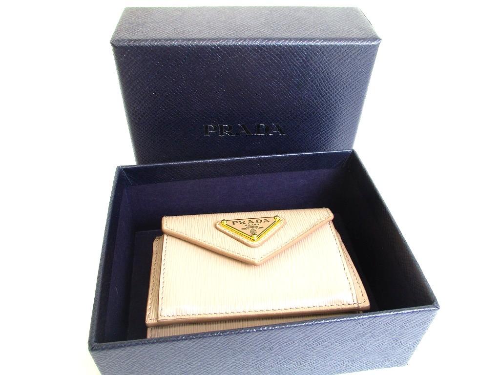 Authentic PRADA Beige Leather Trifold Wallet Compact Wallet #b149 Open box