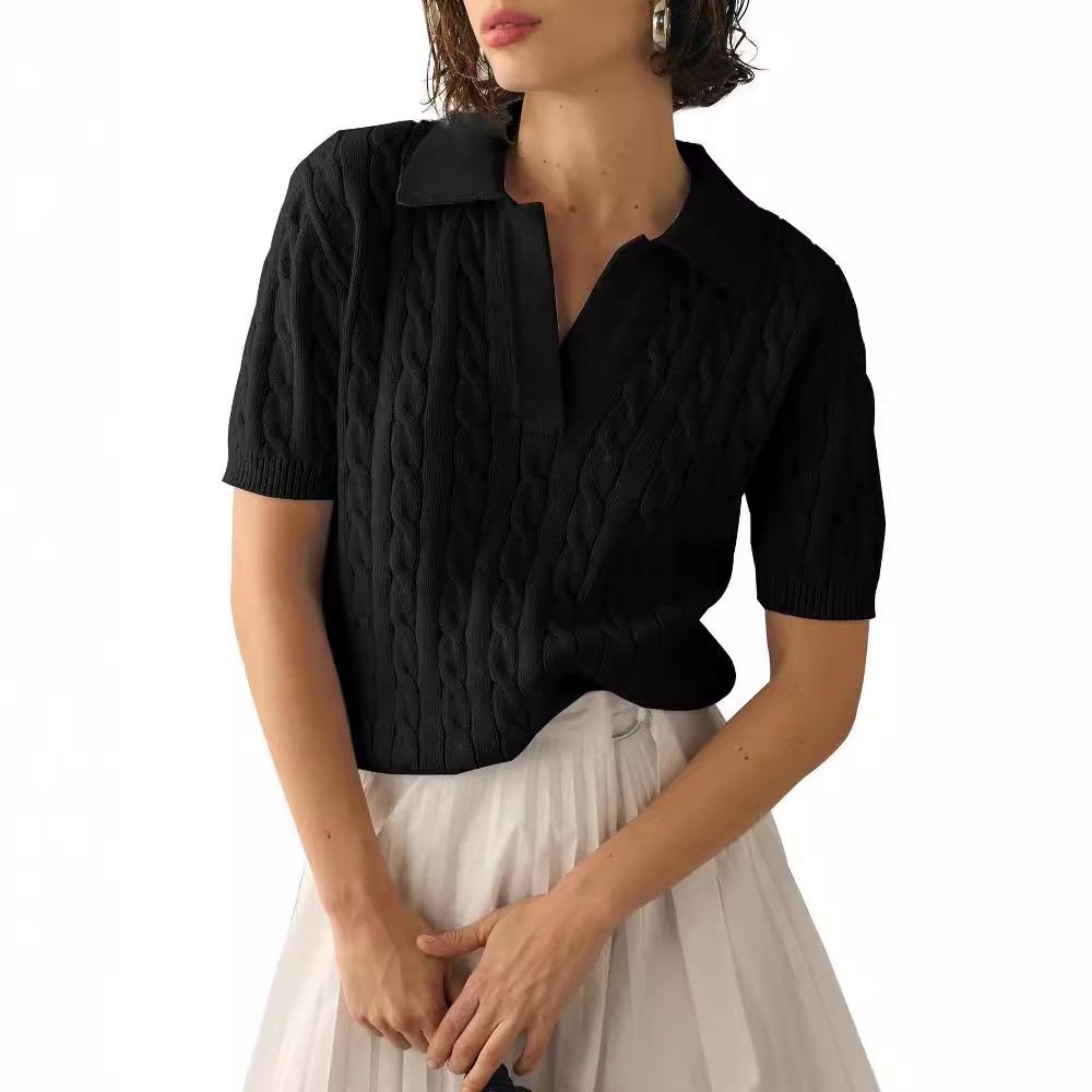 Women's V-Neck Cable Knit Polo Shirt - Short-Sleeved Solid Summer Sweater