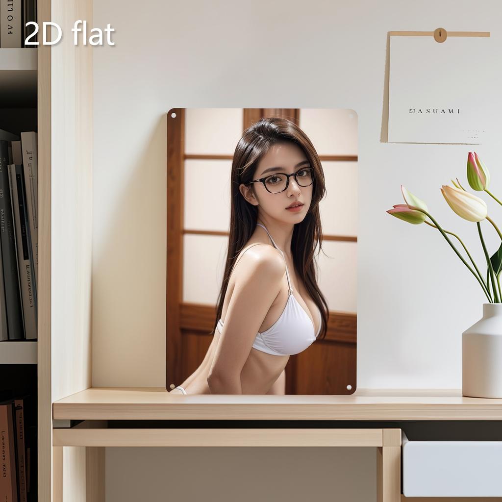 Korean Woman in White Bikini with Glasses Vintage Metal Tin Sign Wall Decor