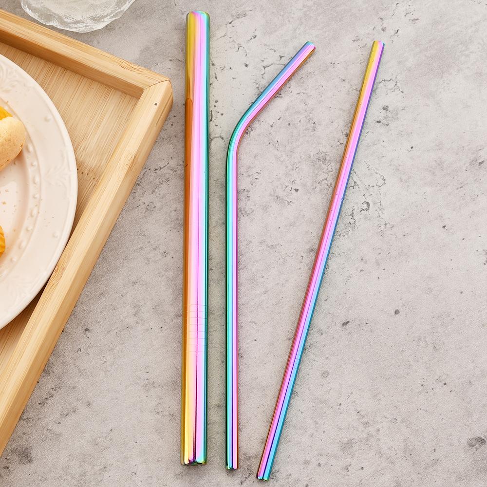 Многоразовые соломинки для питья, разноцветные металлические трубочки из нержавеющей стали, прямая изогнутая соломинка с чистящей щеткой, посуда для напитков, аксессуар для барной вечеринки