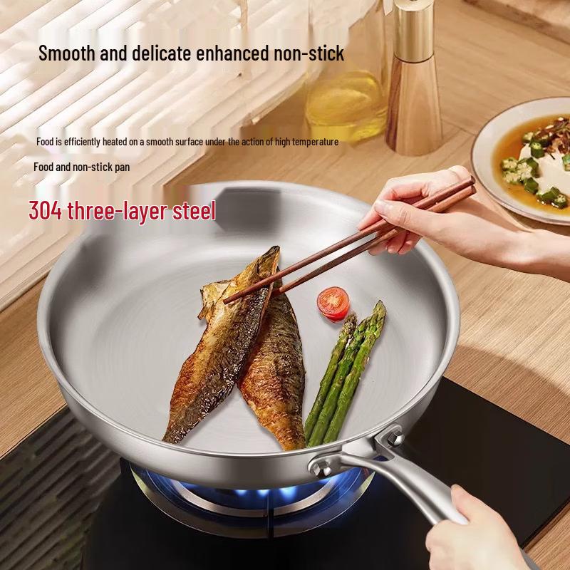 Zhishi 30CM 304 Stainless Steel Non-Stick Frying Pan with Lid