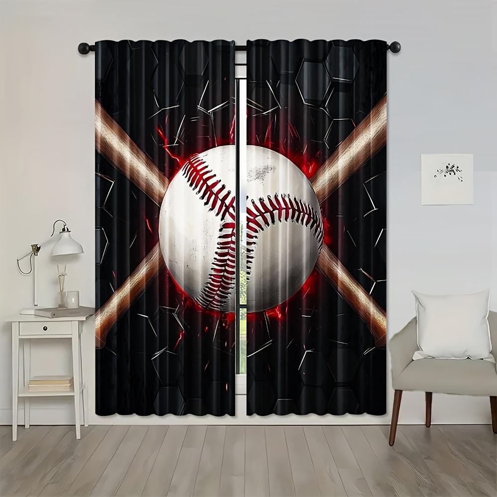 2pcs Baseball Bat Print Window Curtains - Black & Red Sports theme Window Drapes with Rod Pocket for Bedroom   Living Room   Offic