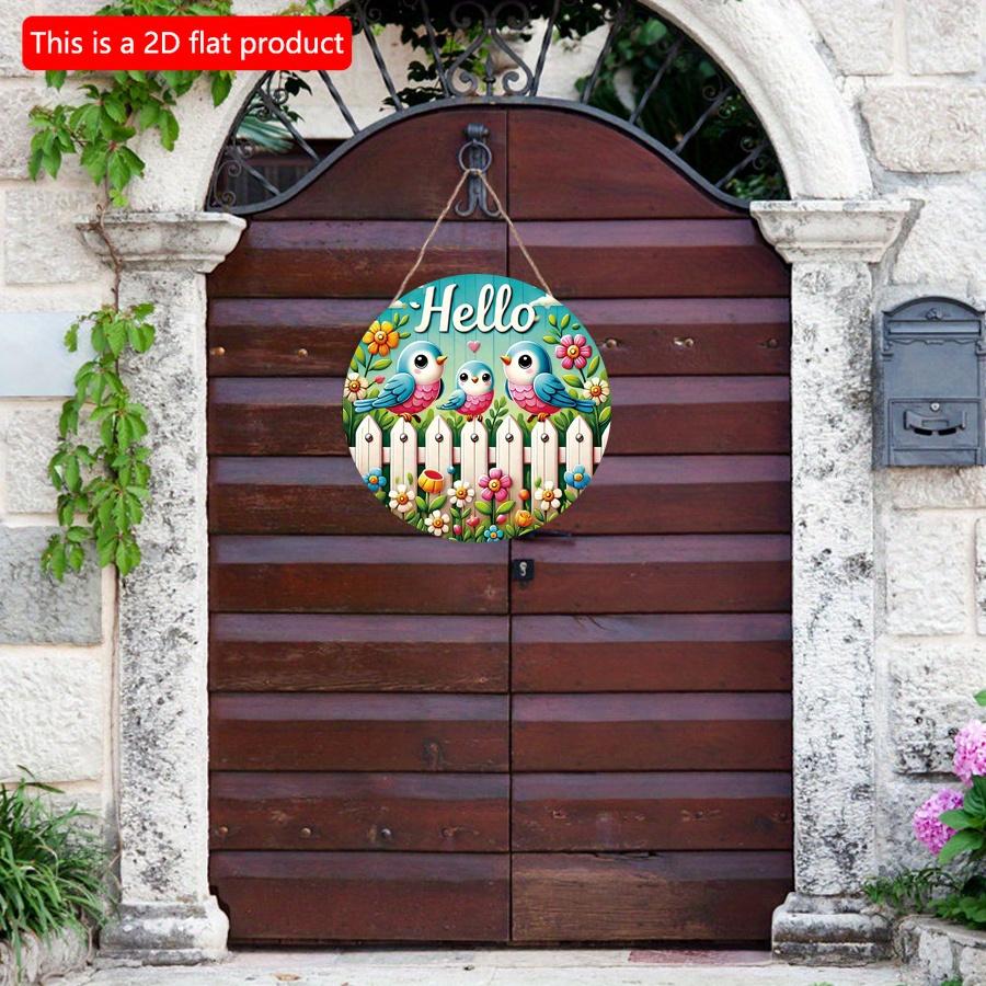 2D плоский 20*20 см 1 шт. Привет, белый забор и милые узоры с птицами и цветами, деревянная подвесная табличка, круглая художественная табличка для туалета и дома