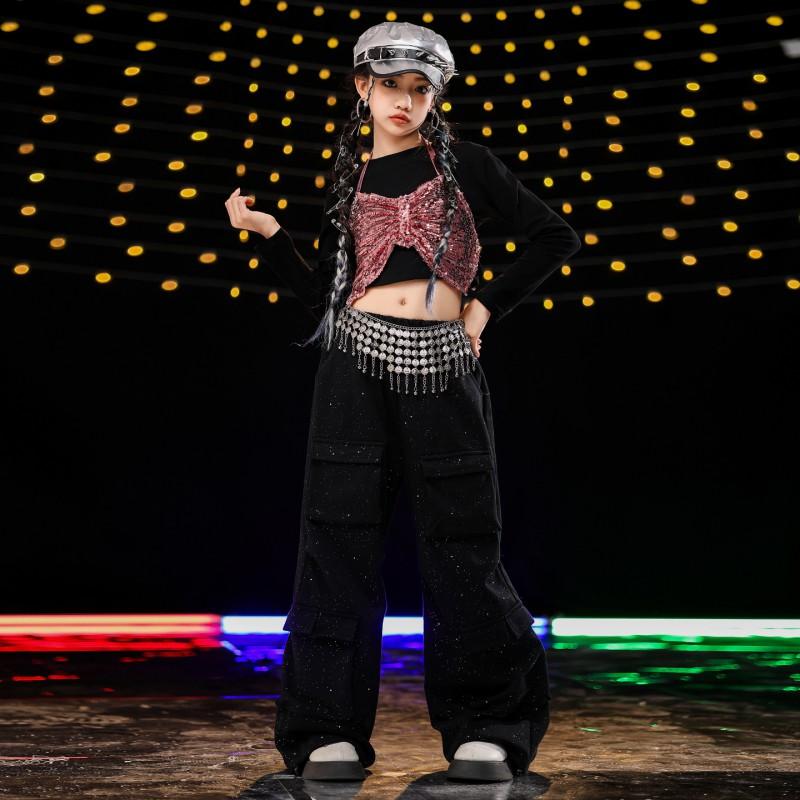 Girls Jazz Dance Outfit Hip Hop Performance Costume Cropped Top Shiny Pants Stage Show