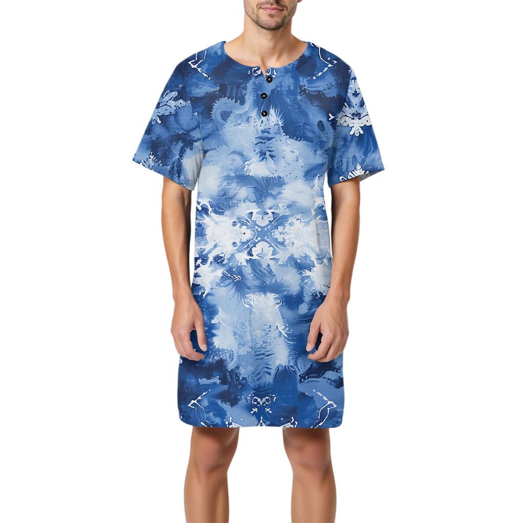 Мужская мода Принтованная хлопковая пижама с коротким рукавом Воротник на пуговицах Длинная свободная домашняя одежда