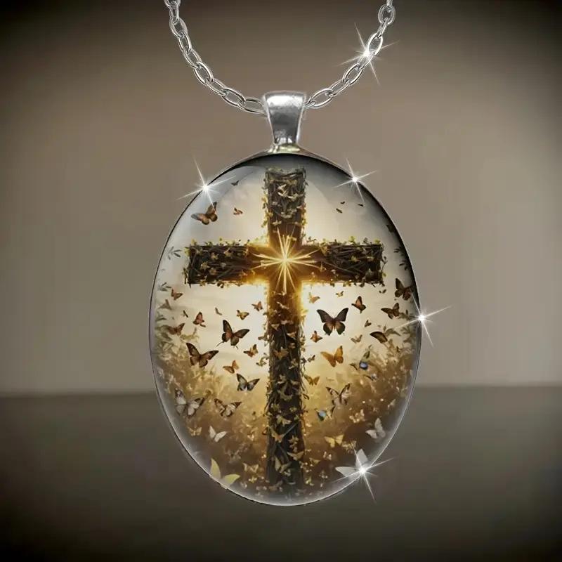 Stylish Vintage Cross and Butterfly Style Pattern Oval Pendant Stainless Steel Necklace