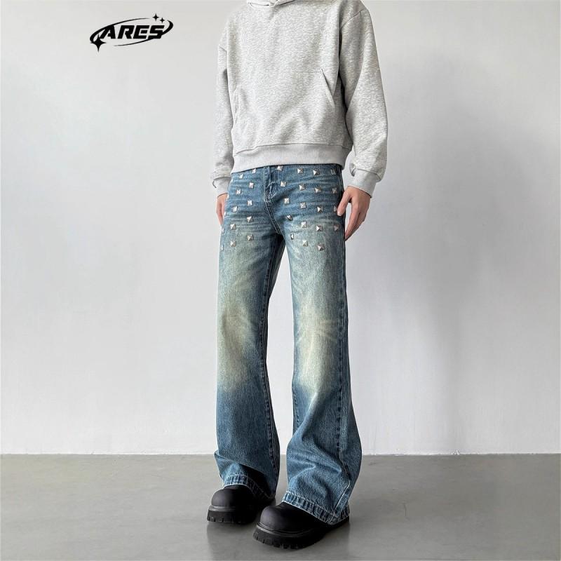 ARES American Heavy Industry Square Nail Flared Blue Jeans Mens Fall Distressed Washed Denim Pants