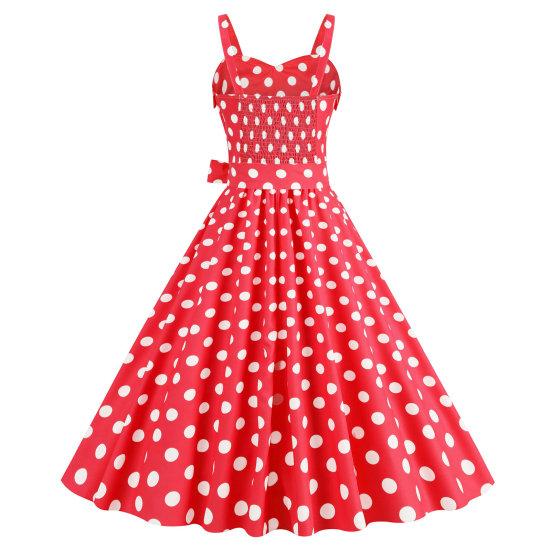 Women Vintage Dress 50s Retro A-line Big Swing Sleeveless Dot Print Contrast Color Elastic Bust High Tight Waist Backless
