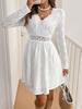 Fashion Women Solid Color V Neck Lace Dress Casual Loose Long Sleeve Dress