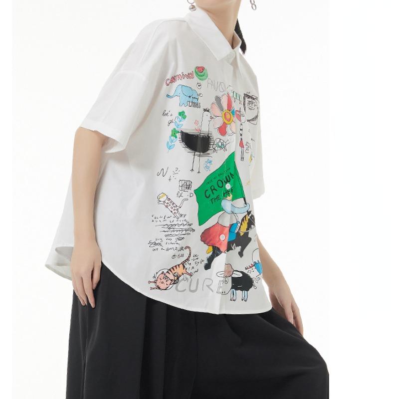 DIMANAF 2024 Плюс Размер Новая Летняя Стильная Блузка Винтаж Ретро Дизайн С Коротким Рукавом Красочный Принт Повседневная Рубашка Женская Свободная Рубашка Рубашка С Принтом