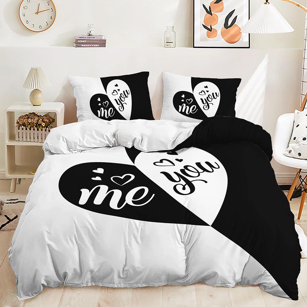 Three-Piece Black And White Series Couple Quilt Cover Digital Printing Bedding Kit