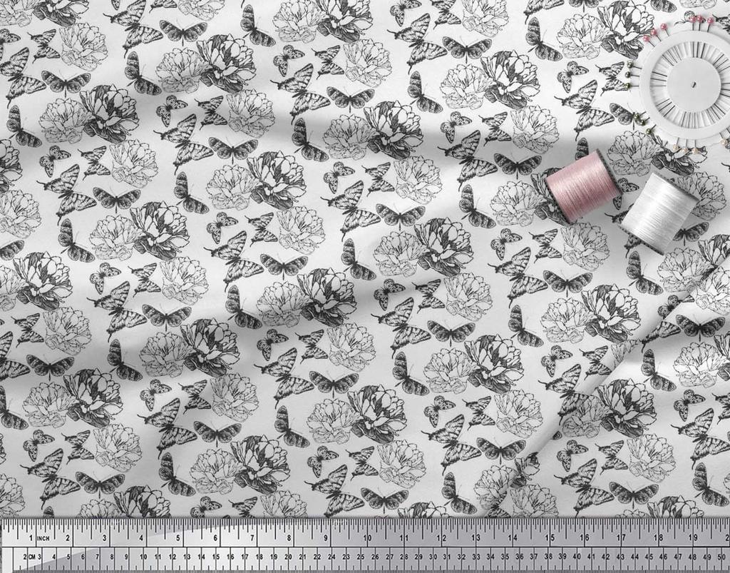Soimoi Poly Crepe Fabric Butterfly & Peony Floral Printed Craft Fabric by the metre 42 Inch