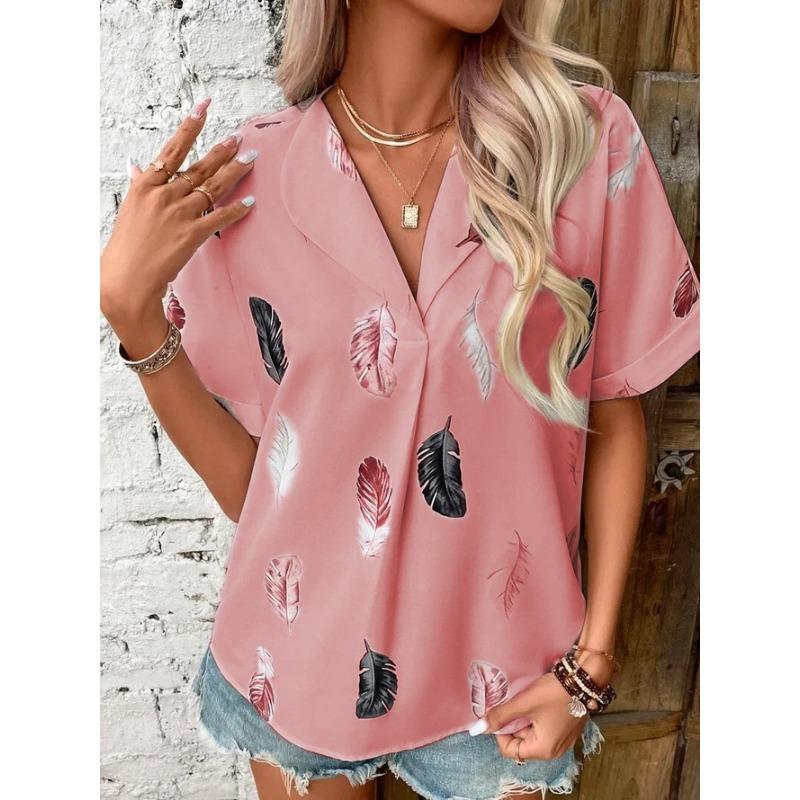 Women's Fashion Casual Summer Spring Feather Print Short Sleeve POLO Neck Blouses & Shirts