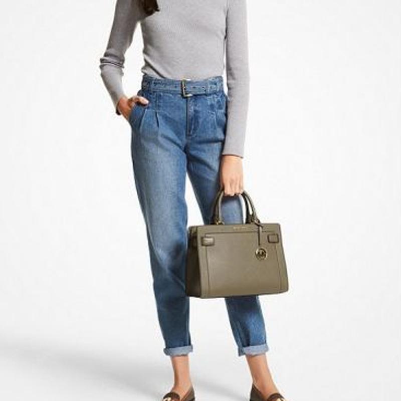 Michael Kors Solid Logo Pendant Square Commuter Casual Leather Shoulder Crossbody Tote Bag Medium Women bags Army-Green 35S0GU9S2L-ARMY