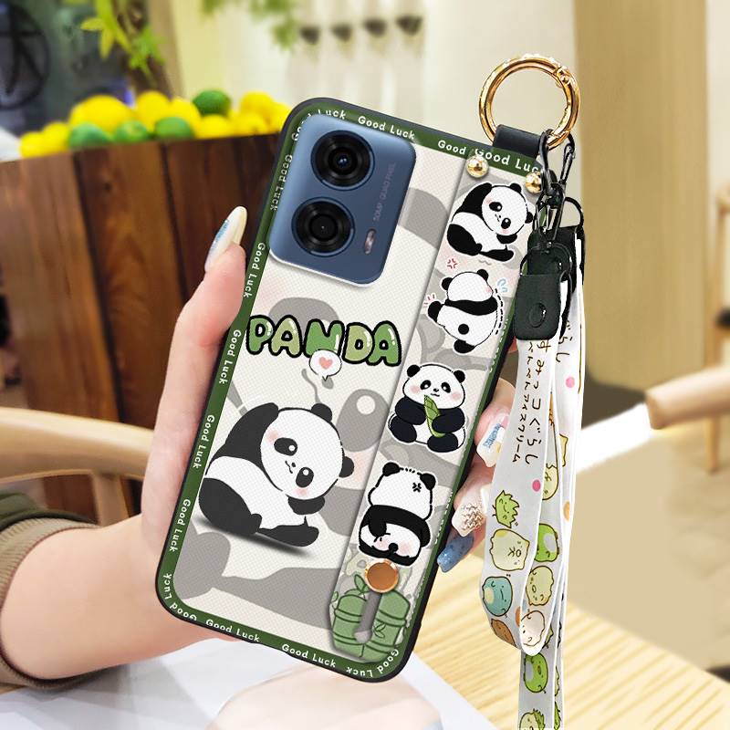 Panda Back Cover Phone Case For MOTO G24 Power Wrist Strap Lanyard Shockproof Fashion Design Durable Anti-dust Ring Cute
