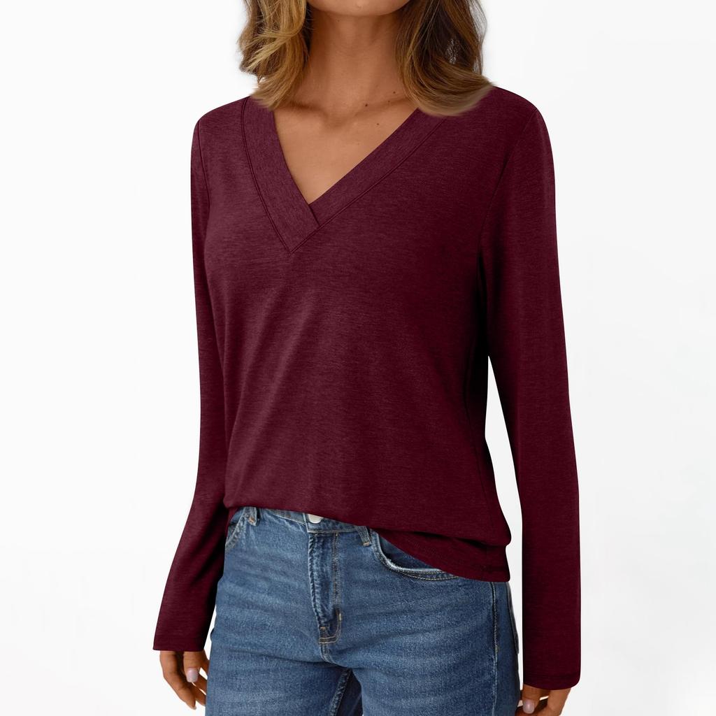 Женская повседневная модная футболка с длинными рукавами и V-образным вырезом, однотонная, с начесом
