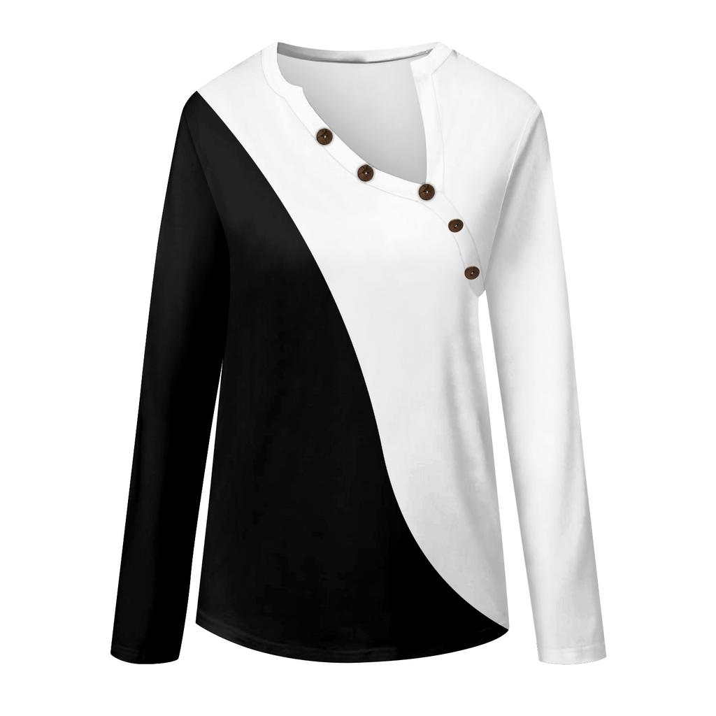 Женская футболка с принтом и пуговицами, длинный рукав, повседневная мода для выходных, пуловер с v-образным вырезом, топы