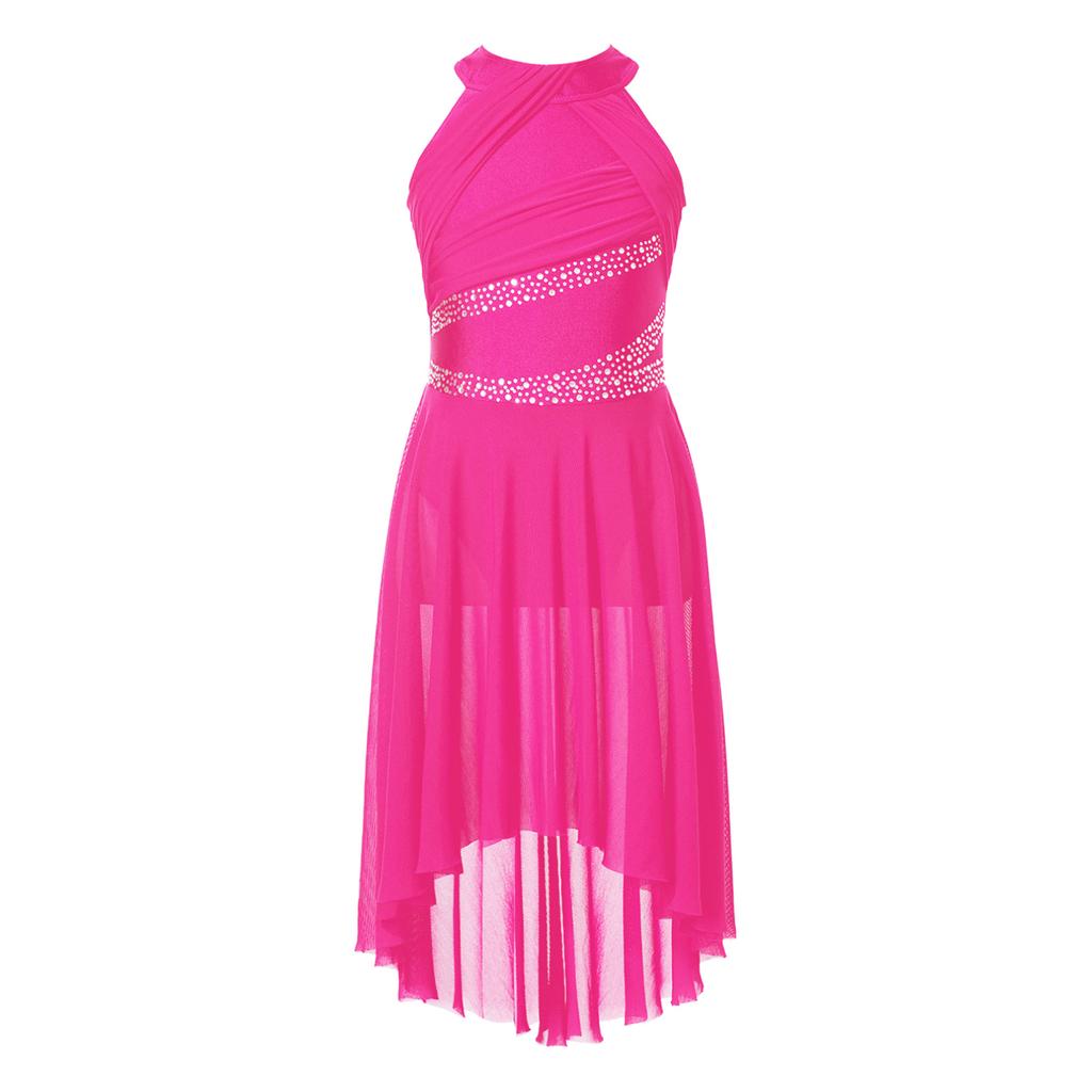 Детское лирическое платье для латинских танцев для девочек, купальник без рукавов со сверкающими стразами и рюшами, балетная танцевальная одежда