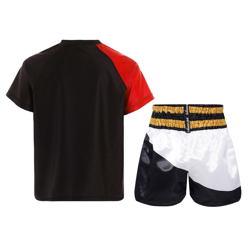 Boys Boxer Training Set Color Block Patchwork T Shirt Round Neck Short Sleeve Athletic Top Boxing Shorts
