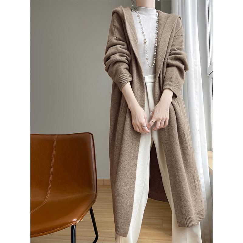 Women's Hooded Wool Cardigan - 2024 Autumn Mid-Length Lazy Style Knit Sweater Coat