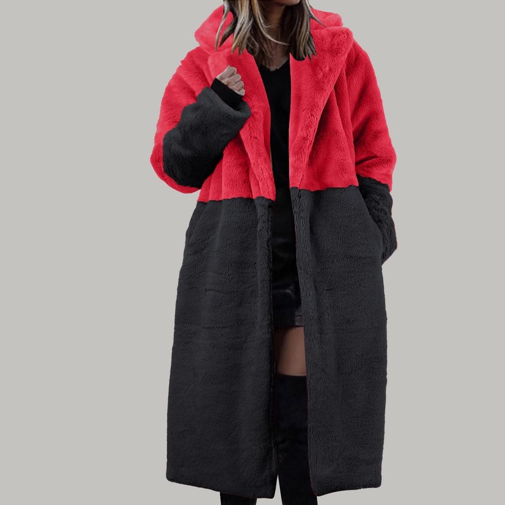 Women's Long Color Blocking Fashionable Winter Loose Flip Collar Plush Jacket