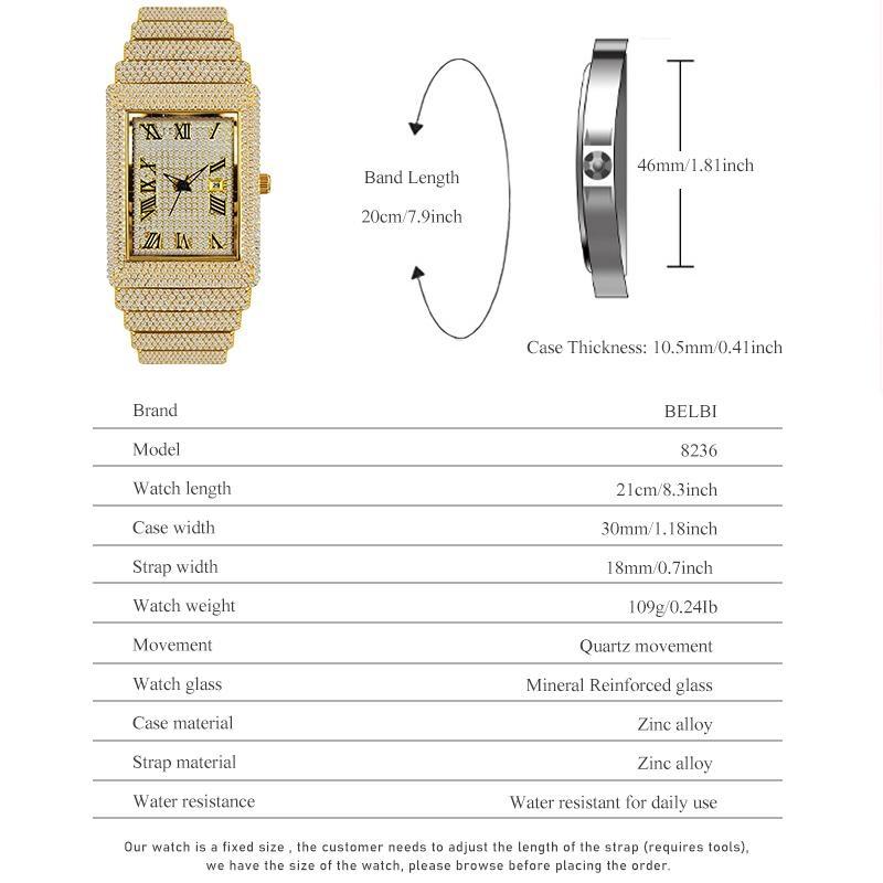 Женские квадратные часы с бриллиантами Bling Iced Out Кварцевые наручные часы с римскими цифрами Водонепроницаемые Модные часы для мужчин