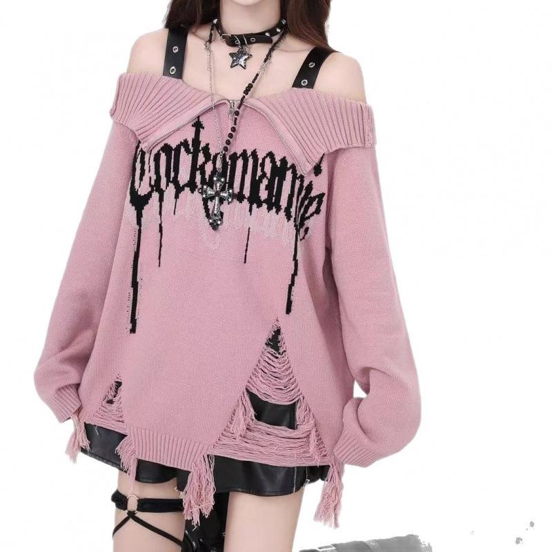Korean Style Punk Off-Shoulder Ripped Sweater - Women's Autumn/Winter Knitted Top