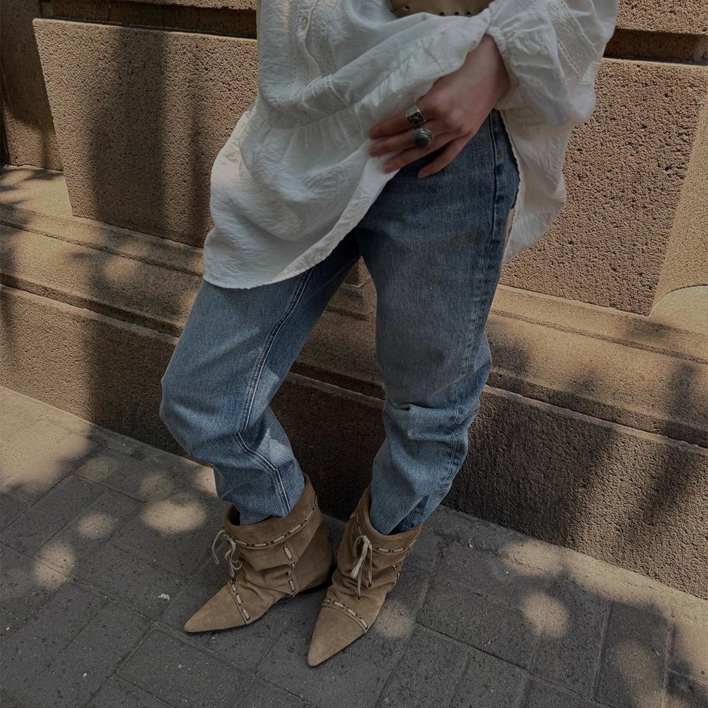 Foldable Two-wear Dong Life Same 25 New Stacked Ankle Boots You Mufeng Pointed Short Boots Stacked Boots Women