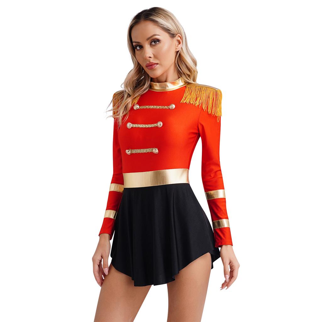 Womens Halloween Ringmaster Dress Fringe Shoulder Boards Keyhole Long Sleeve Design Circus Cosplay Costume
