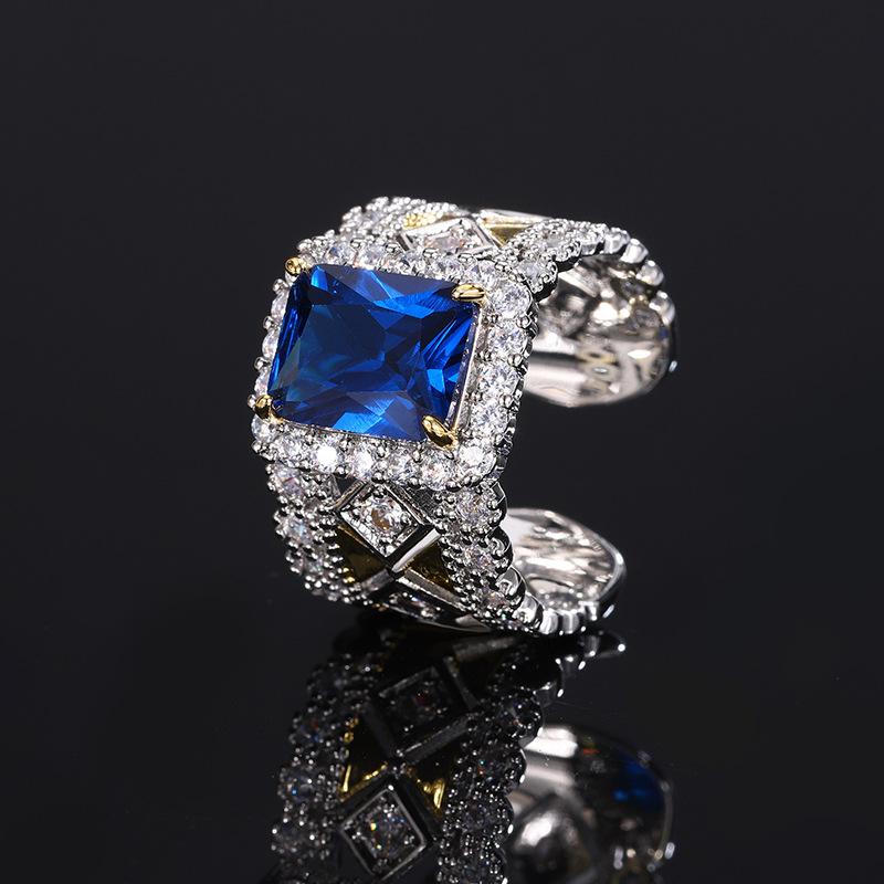 Ring European and American square colored zircon pink zirconium ring red corundum jewelry women's fashion sense high