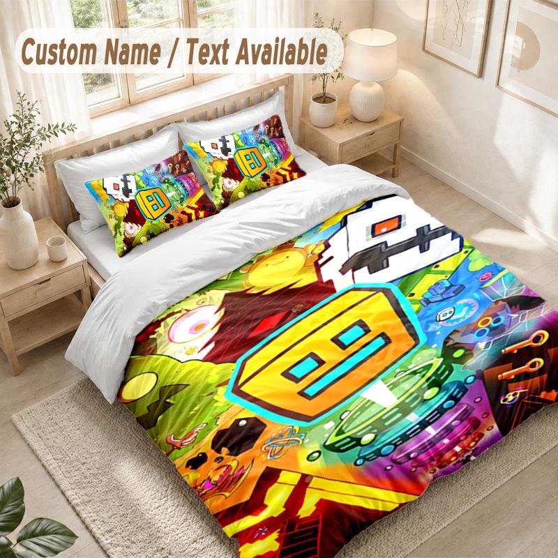 Geometry Dash Bedding Set, 1 Duvet Cover & 2 Pillowcases Soft Comfortable Bedroom Home Textile Decor
