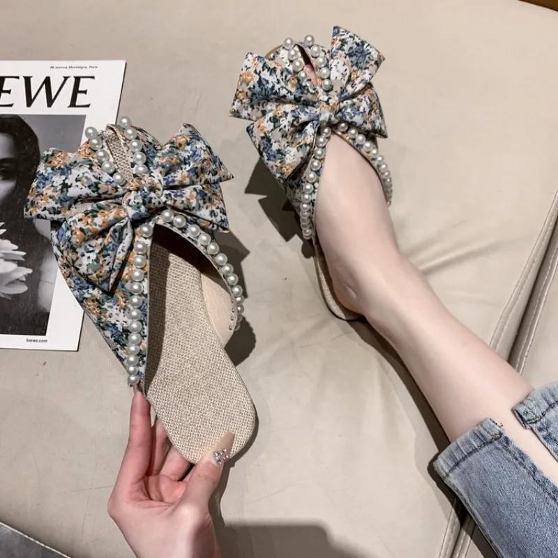 Милые тапочки для девочек с цветочным жемчугом, элегантные синие, оранжевые шлепанцы, легкая летняя обувь без шнуровки для отдыха