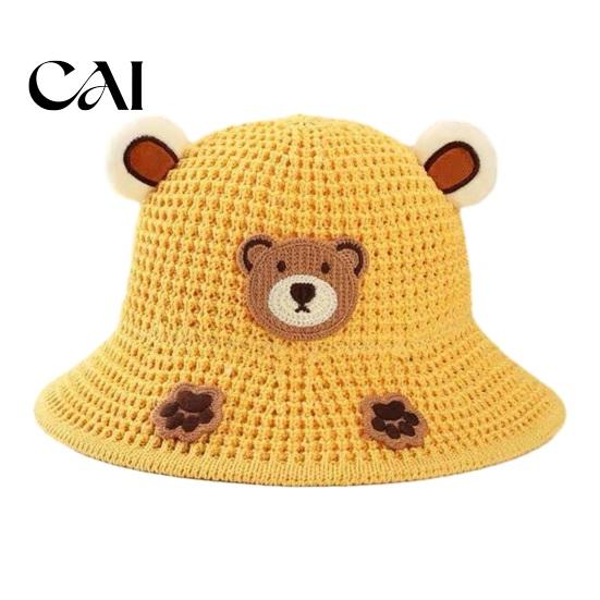 Cute Bear Ear Hat Animals Straw Sun Hats for Kids, UV Protection Fishing Hat, Wide Toddler Beach Brim Cartoon Bucket Breathable Summer Outdoor Travel