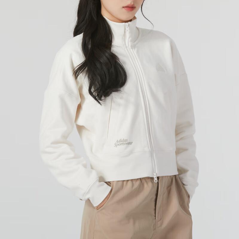 Adidas Однотонная женская куртка с длинным рукавом и логотипом, воротником-стойкой, белая IM8850