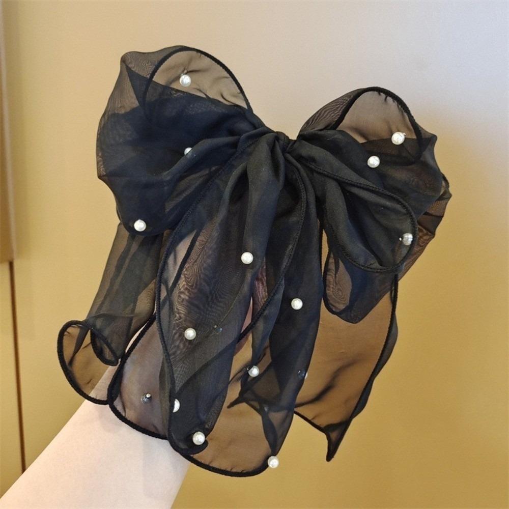 Pearl Decor Bow Hair Clip Sweet Ponytail Holder Fairy Style Sheer Organza Spring Clip Party