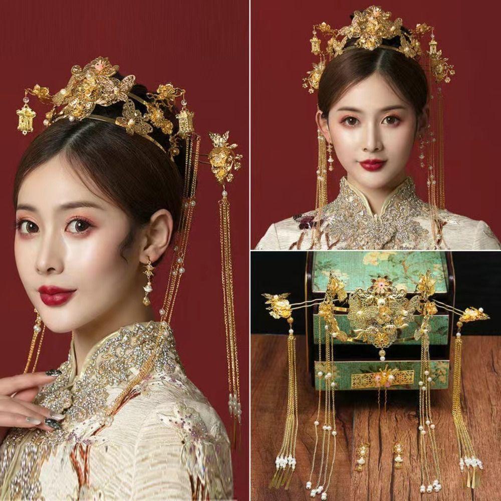 Роскошная свадебная корона для волос в китайском стиле для женщин в стиле ханьфу, ретро-корона для волос невесты, комплект ювелирных изделий