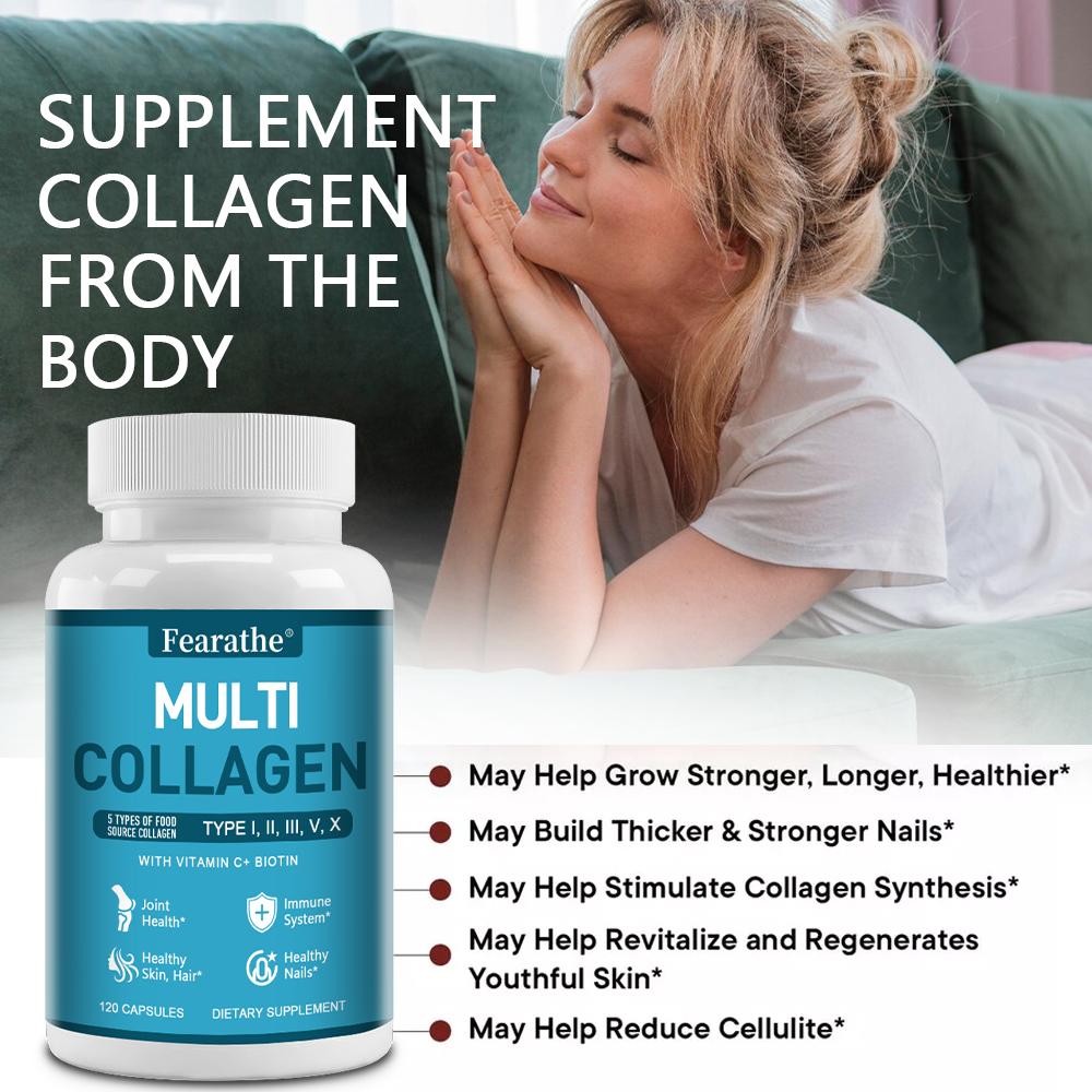 Multi Collagen Complex Capsules Type I II III V X with Vitamin C Biotin Hyaluronic Acid, 120 Capsules