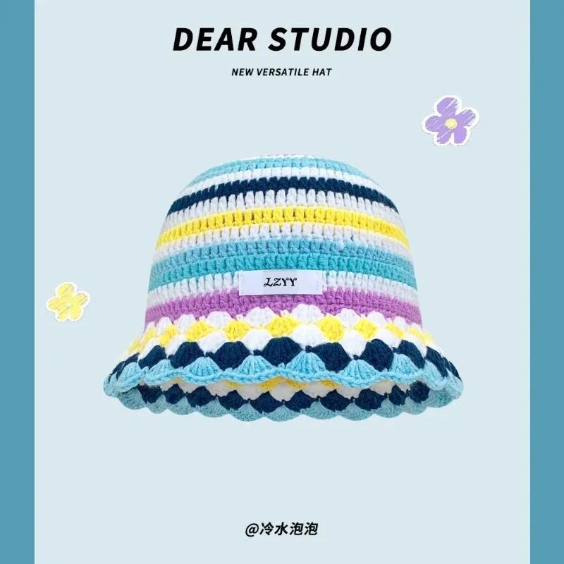 Fashion Dopamine Color Matching Striped Knitted Women's Cap Autumn and Winter Warm Casual Versatile Show Face Small Bucket Hat