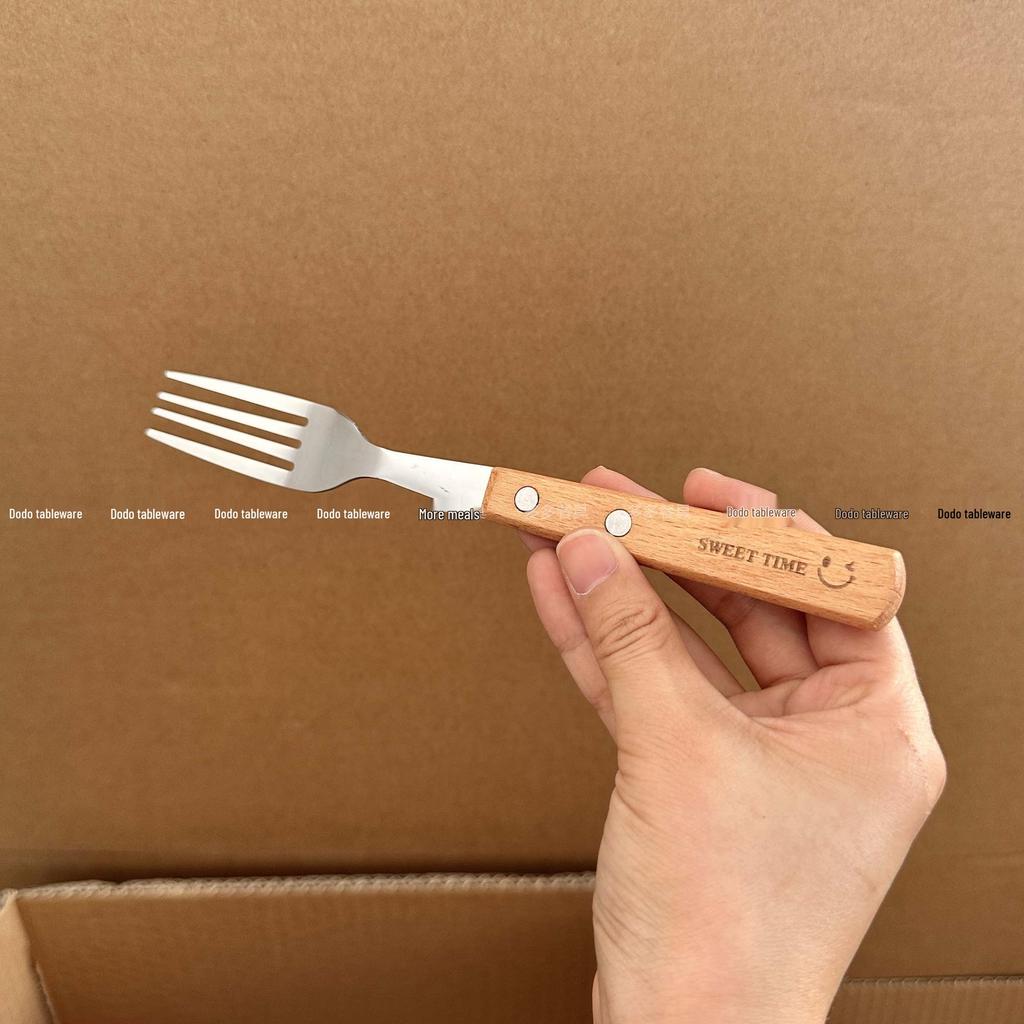 Stainless Steel Cutlery Set with Wood Handles and Smiley Logo - Knife, Fork, Spoon for Desserts and Dining.