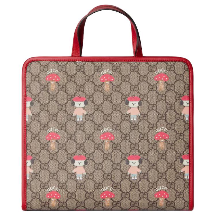 Gucci GG Supreme Bear And Mushroom Print Tote Bag Kids Tote Bags Beige Dark-Brown 605614-FADWJ-9742