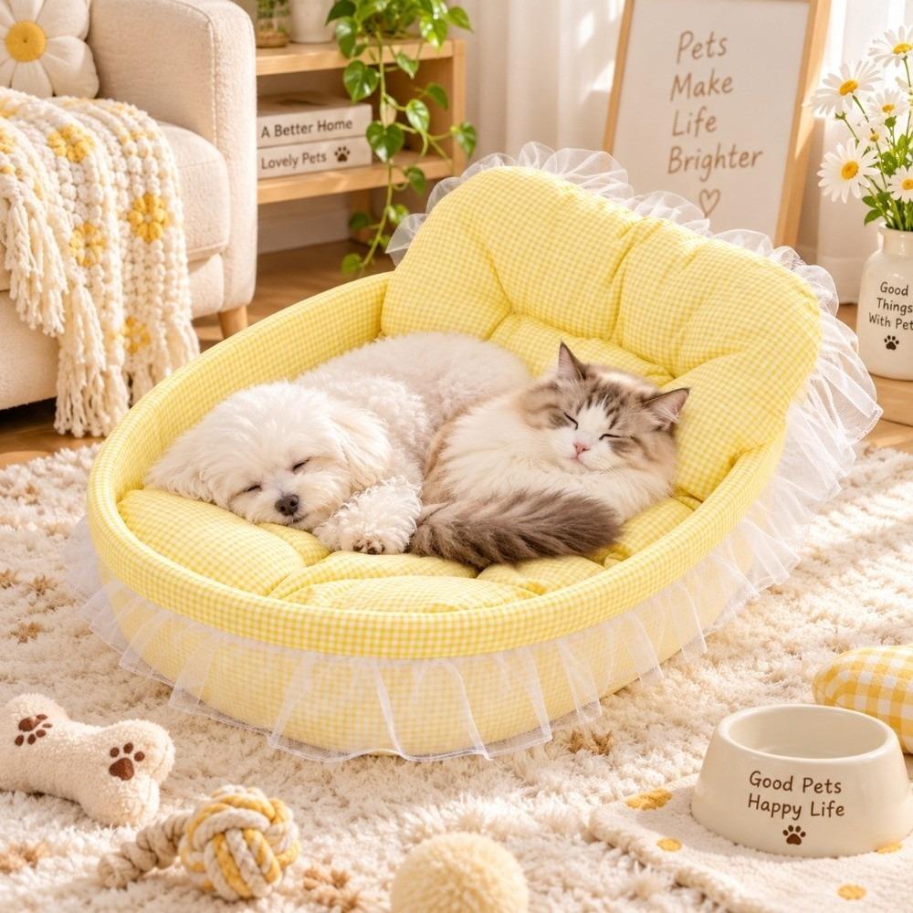 Lace-Trimmed Cat Nest Bed Removable Pet Kennel Sweet Dog Bed Four Seasons