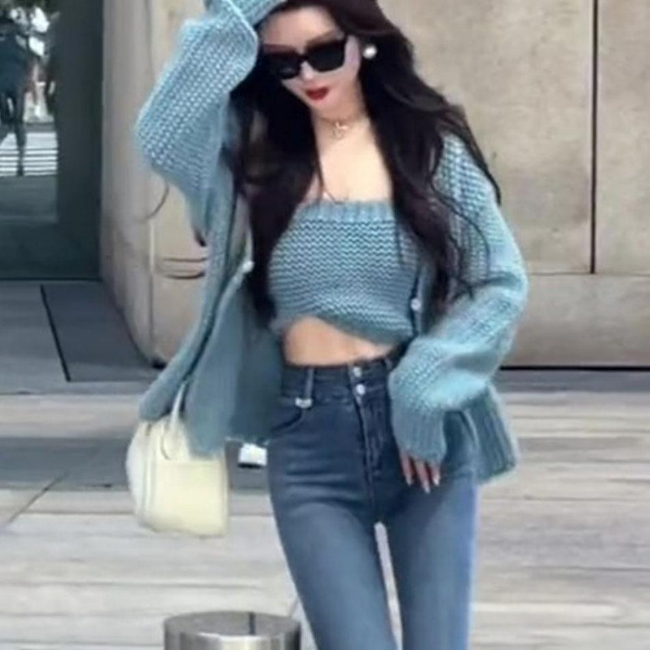 Универсальный свитер-кардиган женский 2023, высококачественный вязаный кардиган, верхнее пальто, бюстгальтер и женский атмосферный комплект, женский свитер-кардиган