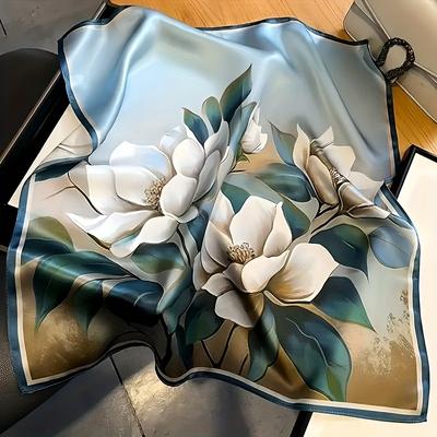 Bohemian Lotus Floral Print Square Scarf for Women Satin Fashion Wraps Neckerchief Female Hair Bands Ribbon Headband Bandana