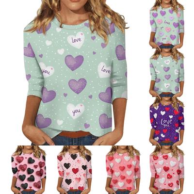 Женские топы с рукавом три четверти, рубашка на День святого Валентина, круглая горловина, свободная повседневная рубашка