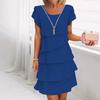 Women Chiffon Dress with Ruched Edge Round Neck Short Sleeves Multi-Layer Design Summer Midi Dress Daily Wear
