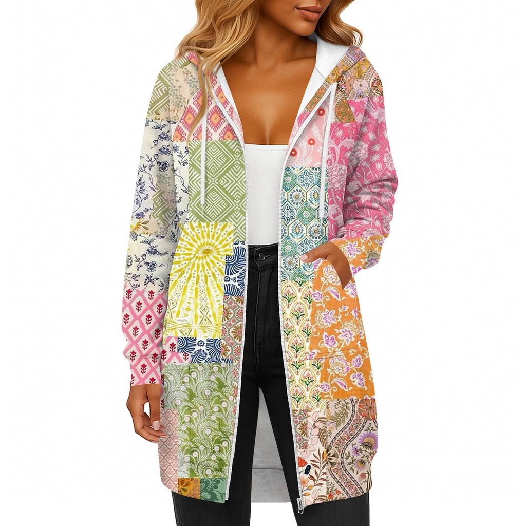 Women's Fashionable Printed Long Sleeved Drawstring Hooded Zipper Pocket Long Casual Sweatshirt Jacket