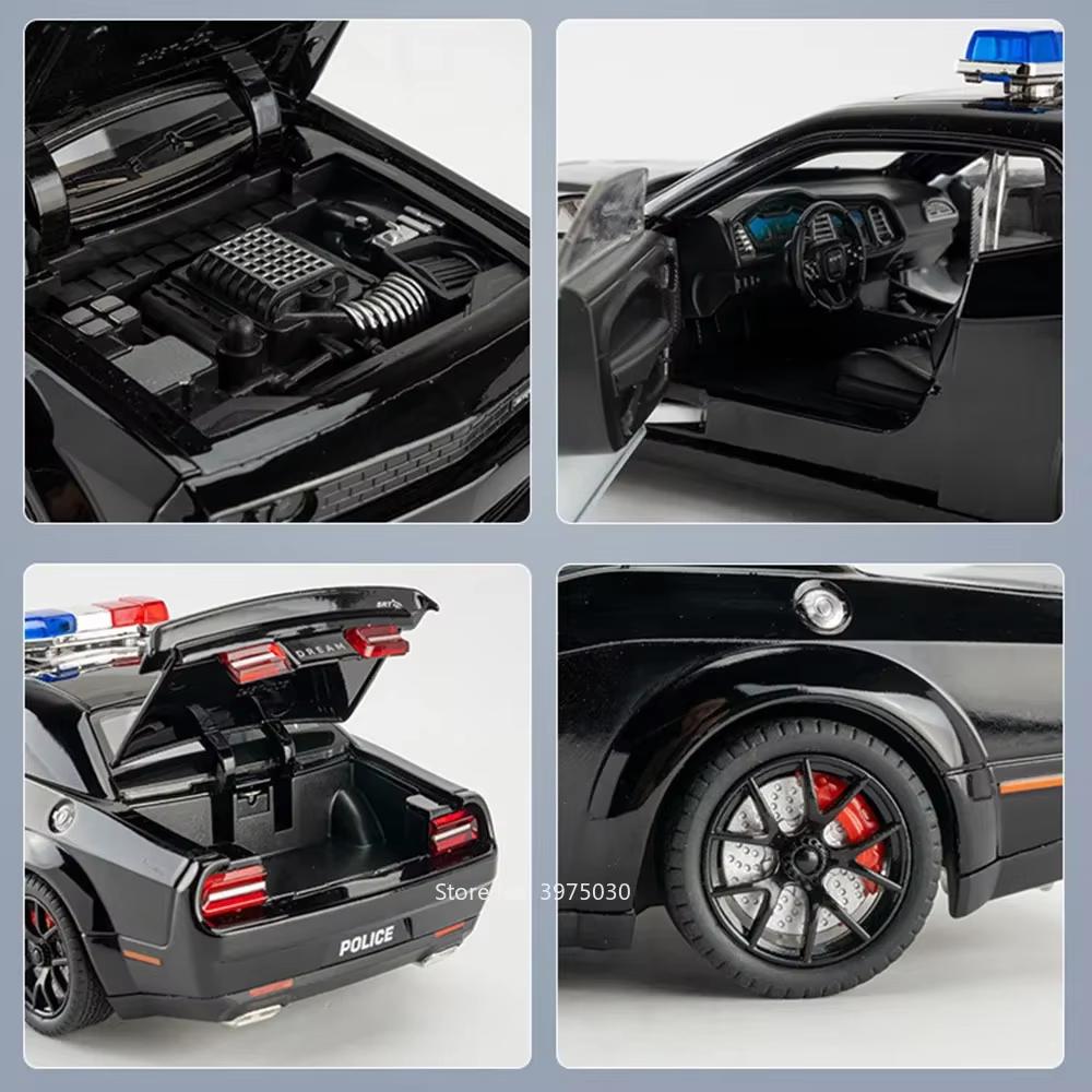 New 1:24 Police Car Hellcat Model Toy Rubber Tire Miniature Sound and Light Pull Back Light Music Vehicle Boy Collection Ornaments Adult Gift