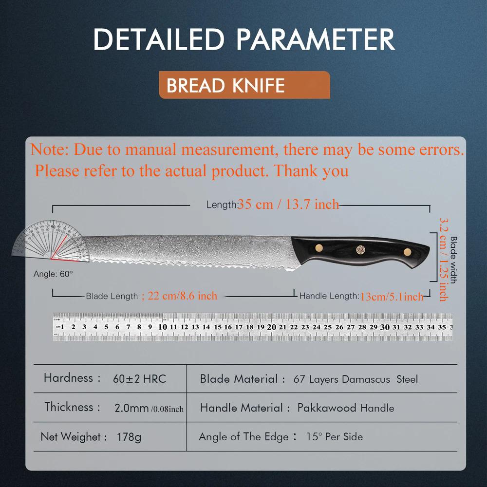 Professional Bread Knife 67 Layer Damascus Steel Kitchen VG10 Core Serrated Slicing Utility Knife Food Knife Cake Knife Tools