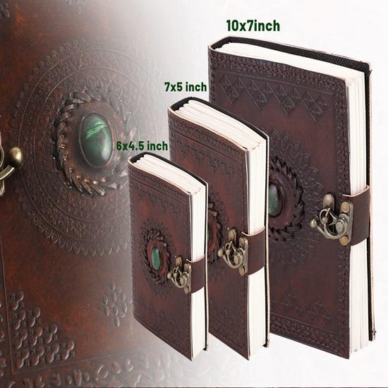 Кожаный дневник ручной работы с тиснением зеленого камня и коричневого цвета с металлическим замком